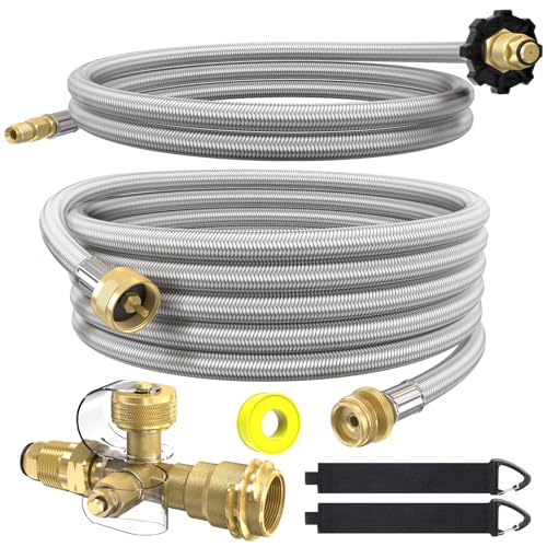 GardenNow Propane Brass 4 Port Tee Kit Propane Brass Tee Adapter Kit 5FT and 12FT Stainless Braided Hoses Allow for Connection Between Auxiliary Propane Cylinder and Propane Appliances for Tank RV Camping - Image 1