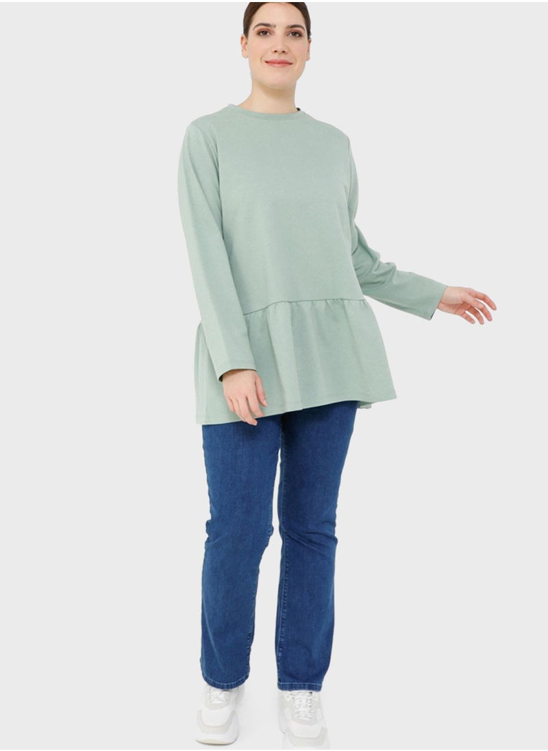 Alia by modanisa - Round Neck Tiered Hem Sweatshirt - Image 1