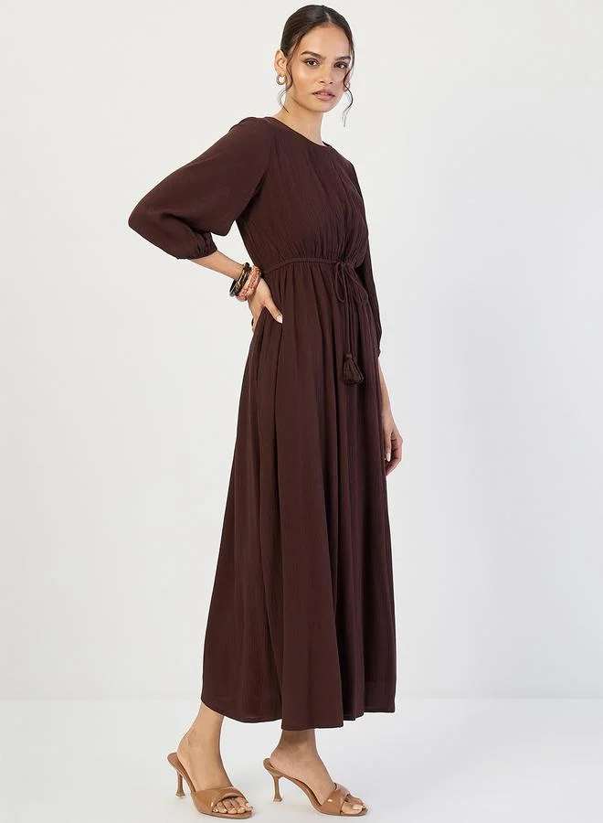 Femmella Coffee Brown Crinkled Round Neck Maxi Dress