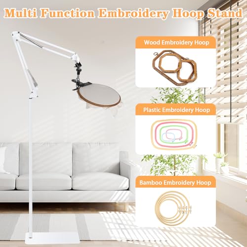 Cheloment Adjustable Embroidery Hoops Stand for Hand Work,Cross Stitch Frame with 360° Rotation, Hands-Free Stitching,3-in-1 Hoop/Tablet/Phone Holder Floor Stand,White - Image 4