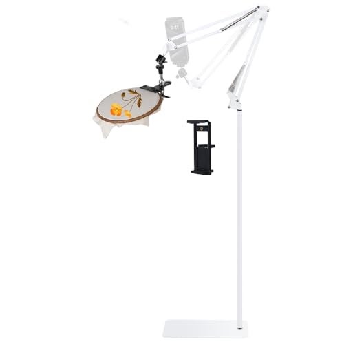 Cheloment Adjustable Embroidery Hoops Stand for Hand Work,Cross Stitch Frame with 360° Rotation, Hands-Free Stitching,3-in-1 Hoop/Tablet/Phone Holder Floor Stand,White - Image 1