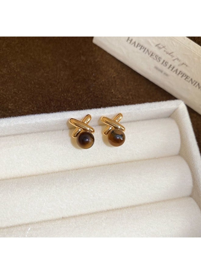 18k Real Gold Electroplated Silver Needle Tiger Eye Stone Oval Earrings, Maillard Vintage Earrings, Light Luxury High-end Earrings