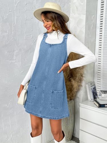 BZB Women's Sleeveless Casual Denim Dress Crewneck Vintage Loose Overall Mini Dress with Pockets Blue - Image 3