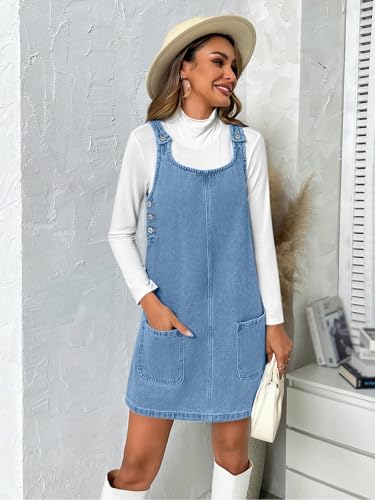 BZB Women's Sleeveless Casual Denim Dress Crewneck Vintage Loose Overall Mini Dress with Pockets Blue - Image 5