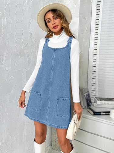 BZB Women's Sleeveless Casual Denim Dress Crewneck Vintage Loose Overall Mini Dress with Pockets Blue - Image 4