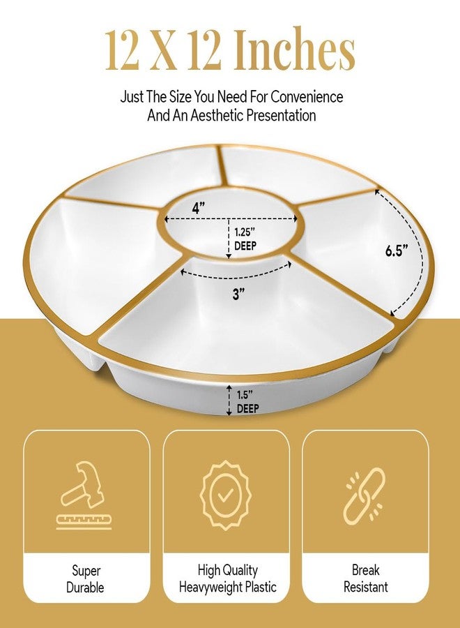 R-kay 4 Pack, 6 Sectional White Plastic Serving Trays For Party With Gold Rim - Heavy Duty Gold Party Trays For Serving Food - 12 Inch Platters - Image 3
