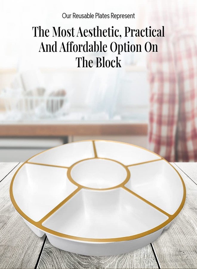 R-kay 4 Pack, 6 Sectional White Plastic Serving Trays For Party With Gold Rim - Heavy Duty Gold Party Trays For Serving Food - 12 Inch Platters - Image 4
