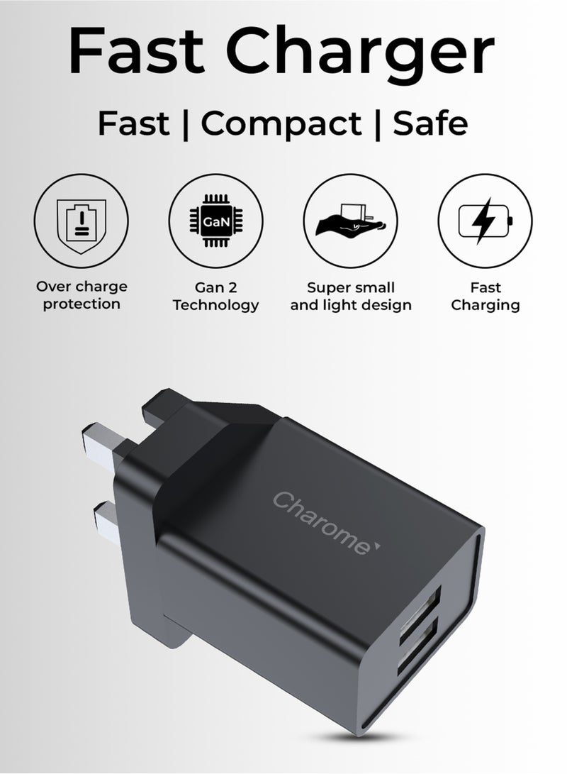 Charome 10.5W Dual-Port Safety Charger Set (UK) Fast Charging for USB & Type-C Devices, Durable Build, Compact Design, Overcharge Protection, Universal Compatibility - Image 2