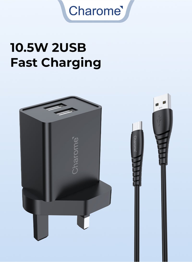 Charome 10.5W Dual-Port Safety Charger Set (UK) Fast Charging for USB & Type-C Devices, Durable Build, Compact Design, Overcharge Protection, Universal Compatibility - Image 1