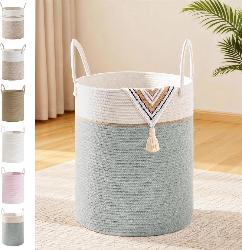 SunNewt Tall Laundry Basket with Handles, 53L Portable Dirty Clothes Hamper, Boho Cotton Rope Storage Bin for Blankets Kids Toys Gifts, Decorative Organizer for Nursery Bedroom Bathroom, Sage Green - Image 1