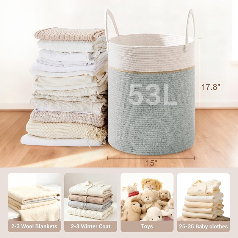 SunNewt Tall Laundry Basket with Handles, 53L Portable Dirty Clothes Hamper, Boho Cotton Rope Storage Bin for Blankets Kids Toys Gifts, Decorative Organizer for Nursery Bedroom Bathroom, Sage Green - Image 2