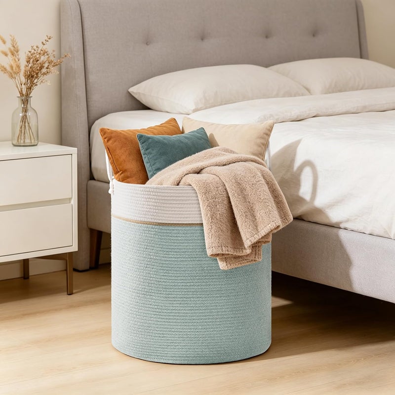 SunNewt Tall Laundry Basket with Handles, 53L Portable Dirty Clothes Hamper, Boho Cotton Rope Storage Bin for Blankets Kids Toys Gifts, Decorative Organizer for Nursery Bedroom Bathroom, Sage Green - Image 5