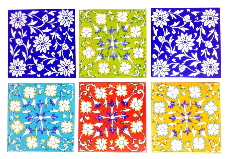 Shiv Kripa Blue Pottery Home Decor Wall Mural Mosaic Tiles Ceramic Handmade Wall Attach Tiles 6 x 6 Inch 15 x 15 cm Set of 6 Tiles Multi Color