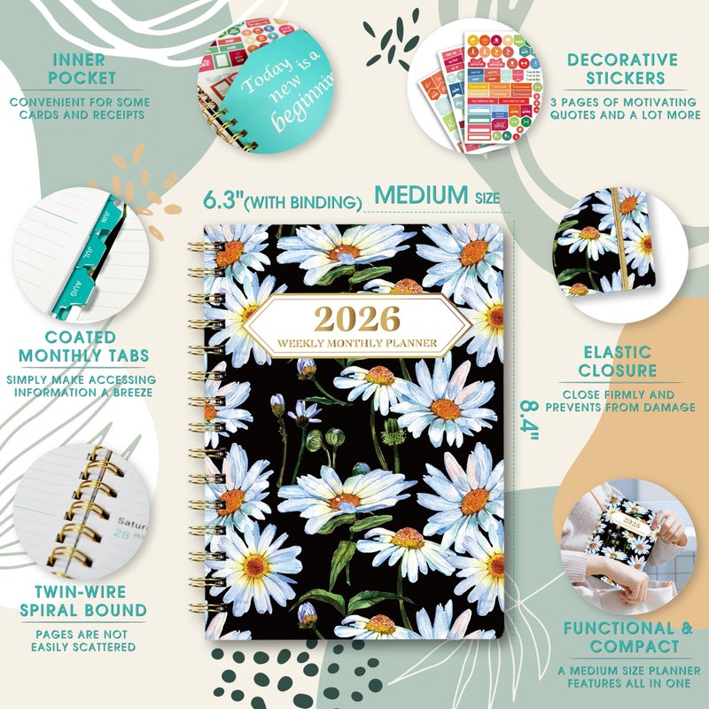 Ymumuda 2026 Planner, Daily Weekly and Monthly Plannerï¼ŒJan 2026 - Dec 2026, 8.4" x 6.3", 2026 Calendar Planner Book with Tabs, Spiral Notebook with Inner Pocket for Office Home School Supplies - Image 5