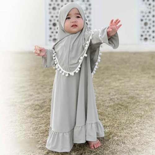 IWEMEK Newborn Infant Muslim Clothes for Baby Girls Abaya Kids Prayer Dress with Hijab Ruffle Toddler Islamic Dress Afghan Kaftan Two Piece Middle East Arabian Dubai Robe Ramadan Eid Outfit Gray 6-12 Months - Image 2