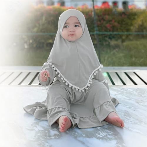 IWEMEK Newborn Infant Muslim Clothes for Baby Girls Abaya Kids Prayer Dress with Hijab Ruffle Toddler Islamic Dress Afghan Kaftan Two Piece Middle East Arabian Dubai Robe Ramadan Eid Outfit Gray 6-12 Months - Image 4