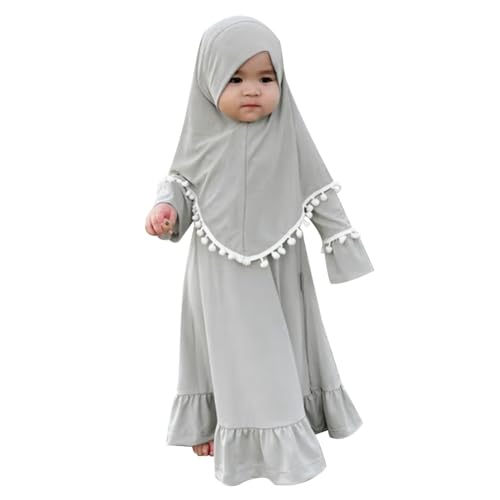 IWEMEK Newborn Infant Muslim Clothes for Baby Girls Abaya Kids Prayer Dress with Hijab Ruffle Toddler Islamic Dress Afghan Kaftan Two Piece Middle East Arabian Dubai Robe Ramadan Eid Outfit Gray 6-12 Months - Image 1