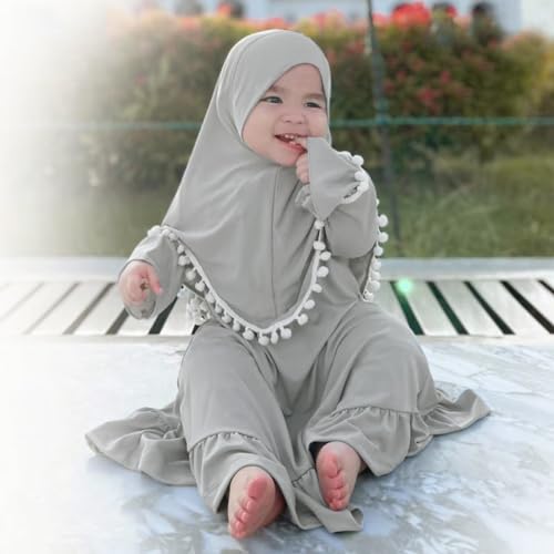 IWEMEK Newborn Infant Muslim Clothes for Baby Girls Abaya Kids Prayer Dress with Hijab Ruffle Toddler Islamic Dress Afghan Kaftan Two Piece Middle East Arabian Dubai Robe Ramadan Eid Outfit Gray 6-12 Months - Image 5