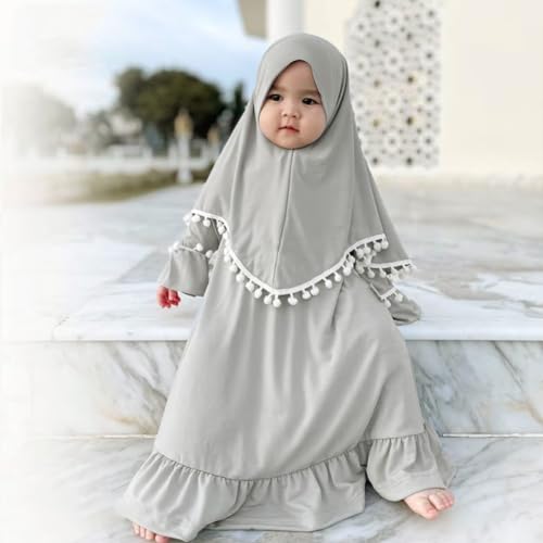IWEMEK Newborn Infant Muslim Clothes for Baby Girls Abaya Kids Prayer Dress with Hijab Ruffle Toddler Islamic Dress Afghan Kaftan Two Piece Middle East Arabian Dubai Robe Ramadan Eid Outfit Gray 6-12 Months - Image 3