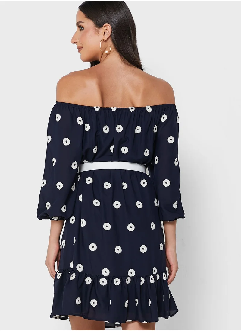 FYOR Bardot Belted Ruffle Hem Dress