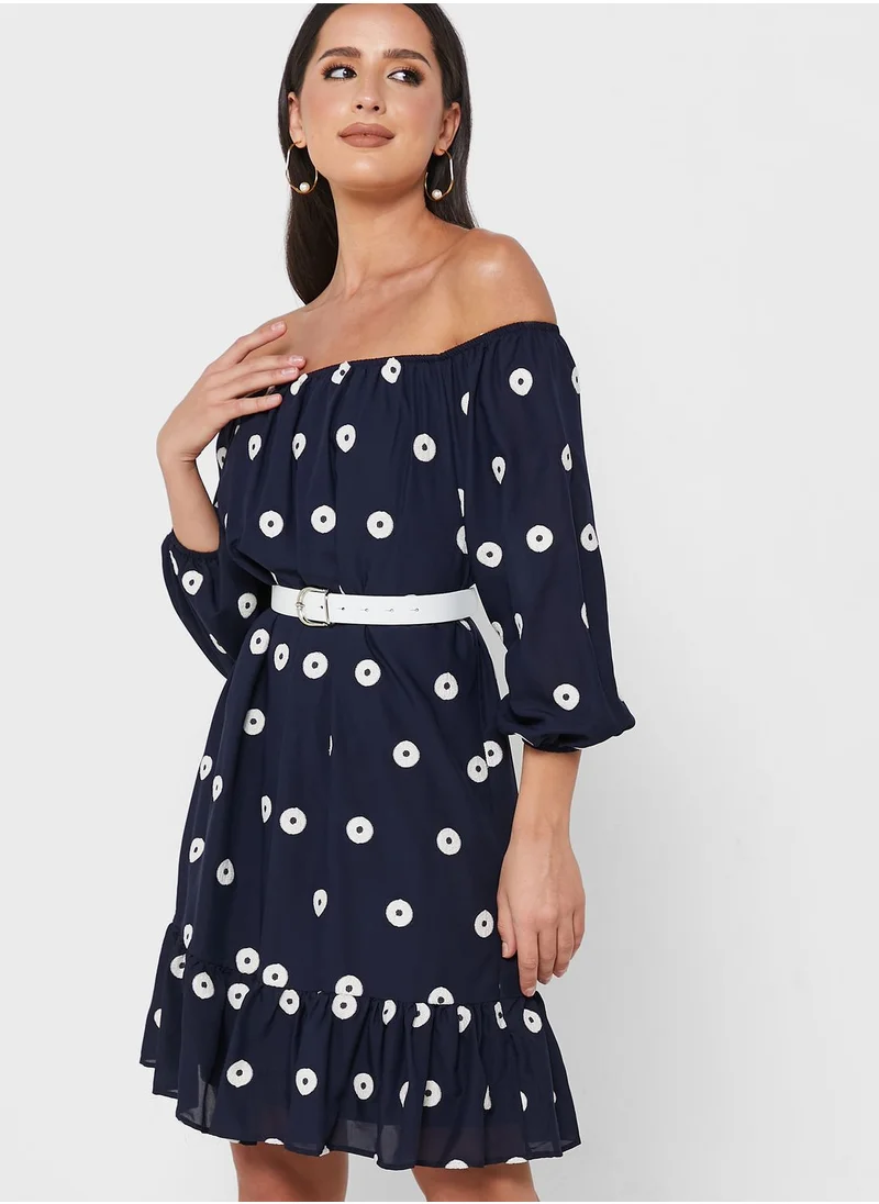 FYOR Bardot Belted Ruffle Hem Dress