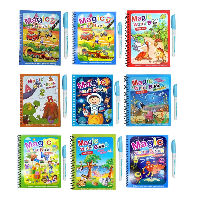 Sakuya Magic Water Coloring Book |Mess-Free Colouring Book|Reusable Notepad with Magical Pen| Educational Doodle Book for Kids, Return Gifts for Birthdays|8 * 12 cm| Coloring Book - Pack of 9 - Image 1