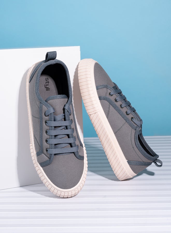 Styli Contrast Stitch Casual Canvas Lace Up Sneakers  - Image 1
