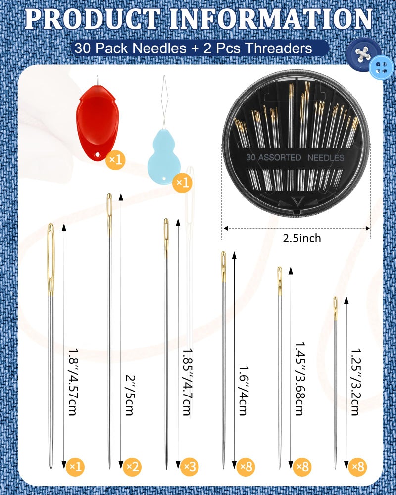 FIVEIZERO 30-Count Steel Needles for Hand Sewing, 6 Sizes Large Eye Embroidery and Hand Quilting Needles Kit with Threaders for Art & Craft Projects - Image 2