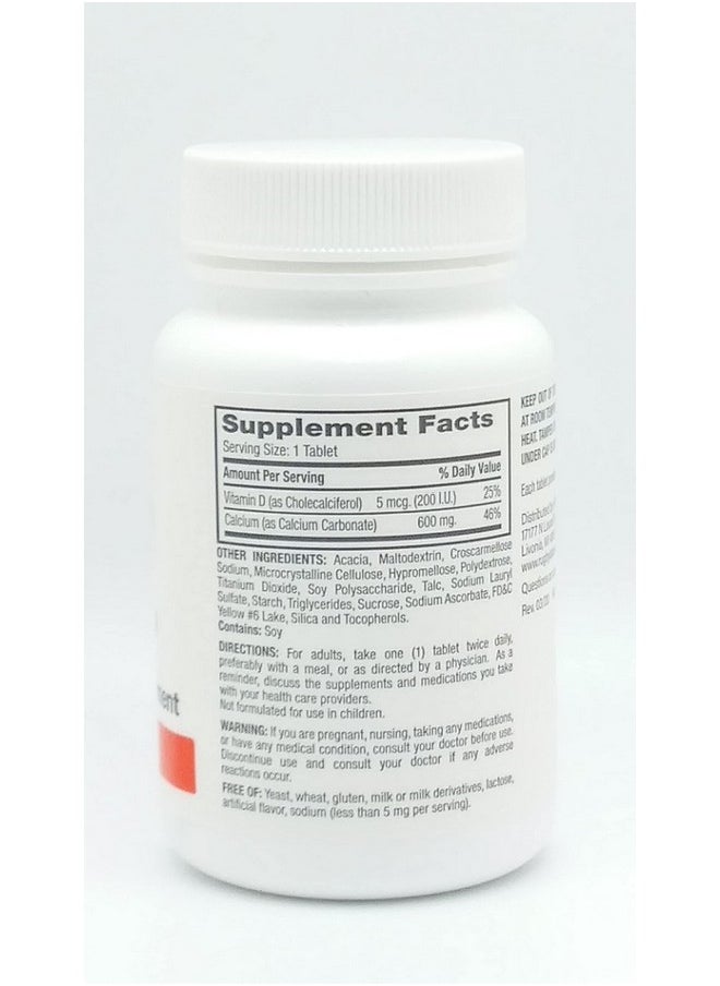 RUGBY LABORATORIES - Rugby Laboratories Calcium 600 mg Calcium Supplement Calcium Carbonate Health Strong Bones Vitamin D3 5 mcg 200 IU Potency Guaranteed Value 60 Tablets (Pack of 1) - Image 1