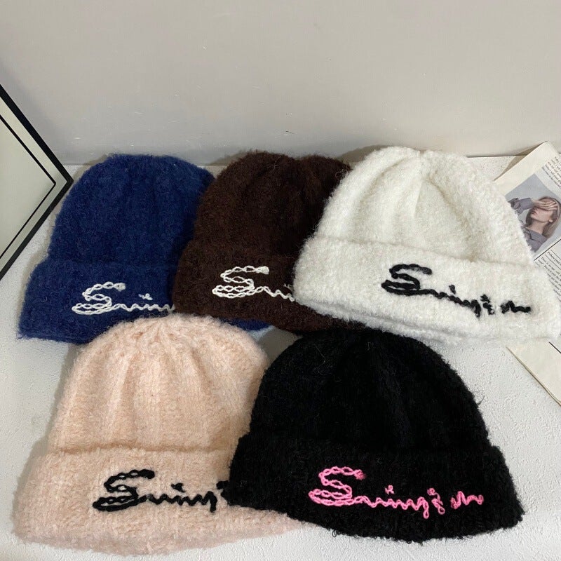 Letter Beanie Women Autumn Winter Stretch Warm Ear Protection Hat Acrylic - Image 2
