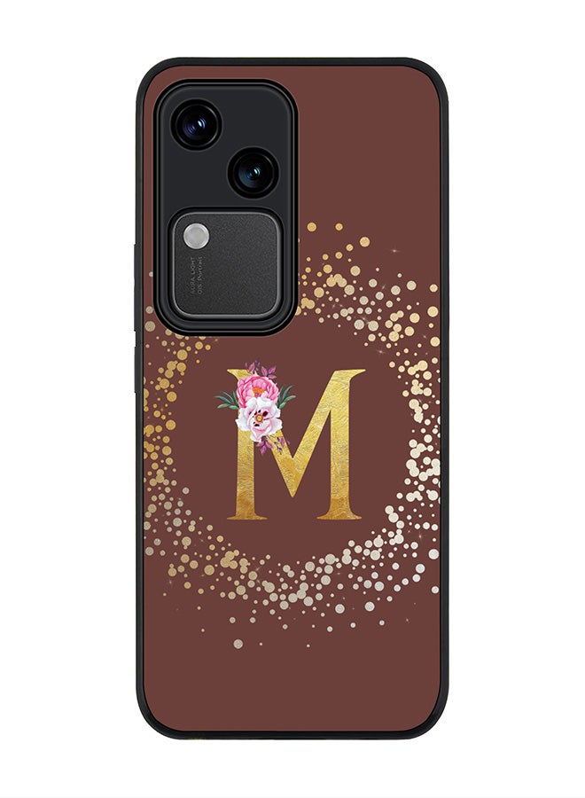 Stylizedd Rugged Black edge case for Vivo V30 5G, Slim fit Flexible Cover -  Custom Monogram Initial Letter Floral Pattern Alphabet - M  (Brown ) - Image 1