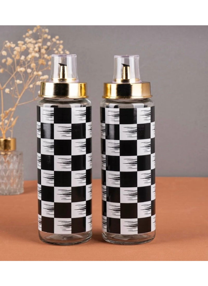 Kitchen Pembelia 2 Piece Checkerboard Pattern Non-Drip Gold Lid Oil Bottle Set 550 ml Oil Bottle Set  - Image 2