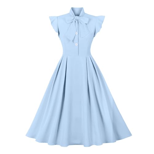 IWEMEK Women Cap Sleeve 1950s Retro Vintage Cocktail Swing Dresses Buttons Bow Tie Neck Office Wear to Work Dress Retro Rockabilly Prom Dresses 50s Style Christmas Dresses for Women Holiday Dress Lake Blue S - Image 1