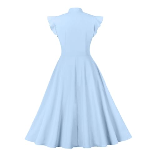 IWEMEK Women Cap Sleeve 1950s Retro Vintage Cocktail Swing Dresses Buttons Bow Tie Neck Office Wear to Work Dress Retro Rockabilly Prom Dresses 50s Style Christmas Dresses for Women Holiday Dress Lake Blue S - Image 2