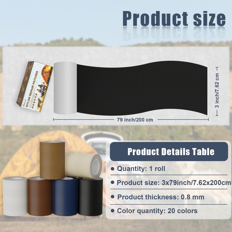 Cahomo 3x79 Inch Nylon Repair Patch Nylon Repair Tape Self Adhesive Fabric Tapes Outdoor Camping Gear Fabric kit for Tent, Umbrella, Down Jackets, Sleeping Bag, Knapsackï¼ˆBlackï¼‰ - Image 2