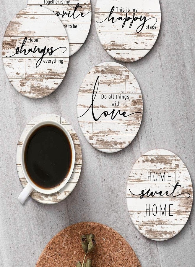Bribay Coasters for Drinks Set of 6, Vintage Rusty Wood Farmhouse Home Happy Saying Absorbent Round Ceramic Stone Mat, with Cork Base and Metal Holder, Gift for Housewarming Room Bar Decor - Image 4