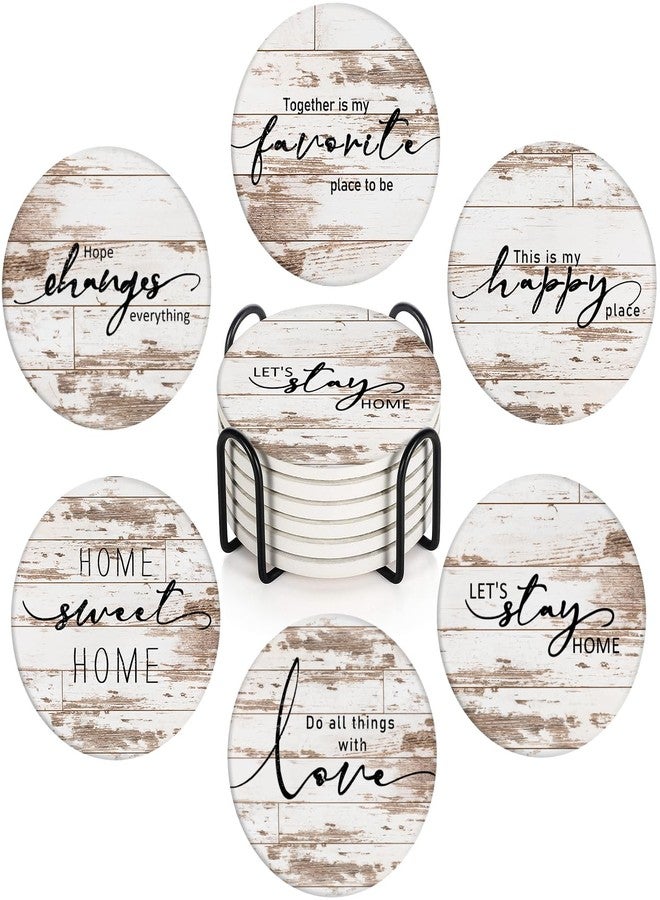Bribay Coasters for Drinks Set of 6, Vintage Rusty Wood Farmhouse Home Happy Saying Absorbent Round Ceramic Stone Mat, with Cork Base and Metal Holder, Gift for Housewarming Room Bar Decor - Image 1