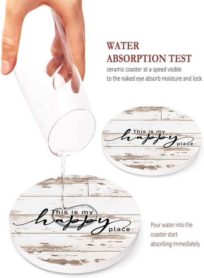 Bribay Coasters for Drinks Set of 6, Vintage Rusty Wood Farmhouse Home Happy Saying Absorbent Round Ceramic Stone Mat, with Cork Base and Metal Holder, Gift for Housewarming Room Bar Decor - Image 3