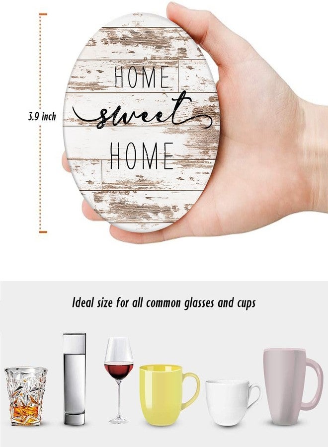 Bribay Coasters for Drinks Set of 6, Vintage Rusty Wood Farmhouse Home Happy Saying Absorbent Round Ceramic Stone Mat, with Cork Base and Metal Holder, Gift for Housewarming Room Bar Decor - Image 2