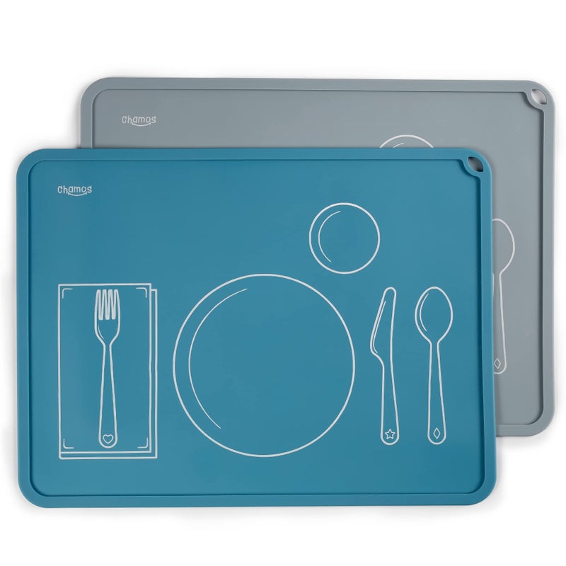 CHAMOS Montessori Placemat for Toddlers - Kids Silicone Mats for Dining Table - Set of 2 - Table Setting Learning (Blue and Grey) - Image 1