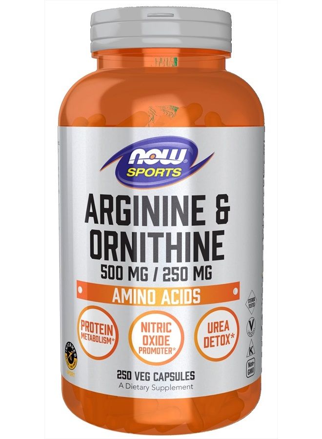 now Sports Nutrition, Arginine & Ornithine 500/250 mg, Amino Acids, 250 Veg Capsules - Image 1