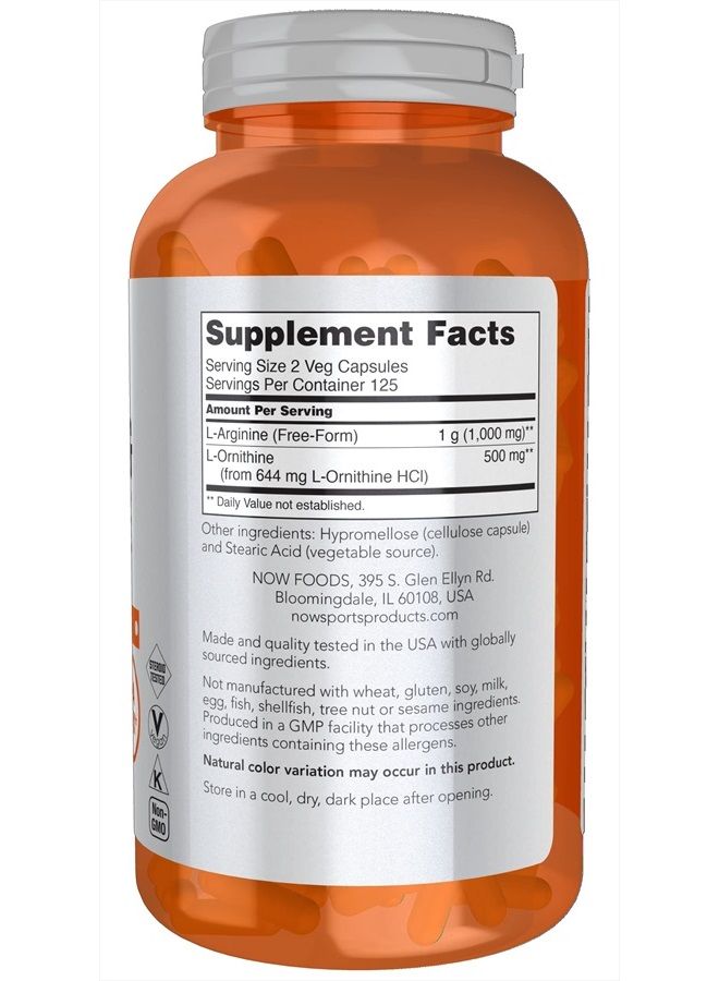 now Sports Nutrition, Arginine & Ornithine 500/250 mg, Amino Acids, 250 Veg Capsules - Image 2