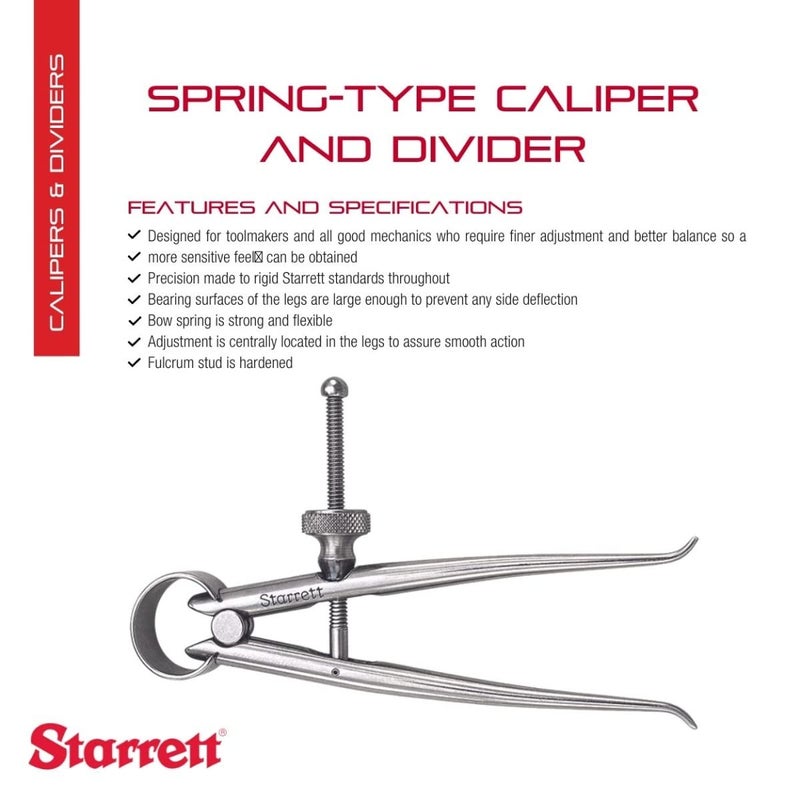Starrett Toolmakers Spring-Type Caliper and Divider with Bow Spring and Hardened Fulcrum Stud - 3" Size and Capacity, Spring Joint Type - 274-3 - Image 2
