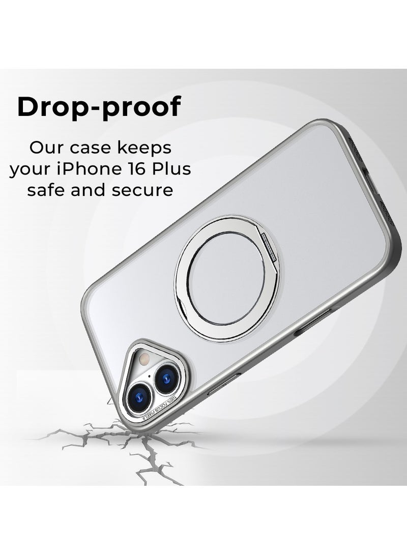 glassology حافظة آيفون 16 بلس مع قاعدة حلقة دوارة 360° مغناطيسية مقاومة للصدمات للشحن اللاسلكي قابلة للتعديل (رمادي) - Image 3