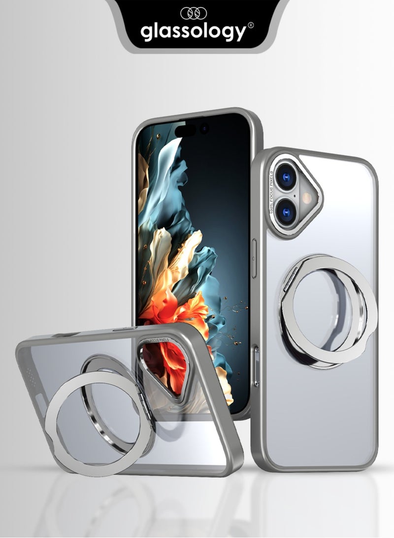 glassology حافظة آيفون 16 بلس مع قاعدة حلقة دوارة 360° مغناطيسية مقاومة للصدمات للشحن اللاسلكي قابلة للتعديل (رمادي) - Image 1