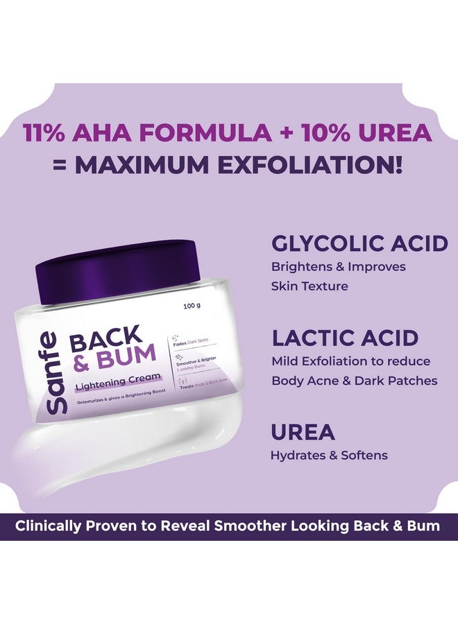 Sanfe كريم سانفي للظهر والمؤخرة للبقع الداكنة وحب الشباب | حمض الجليكوليك، حمض اللاكتيك ويوريا | 11% AHA وأقصى تقشير | إزالة الجلد الميت للنساء | 100 جرام - Image 3