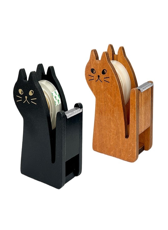 EQUNROY Wooden Tape Dispenser Desk - Cute Adorable Animal Design for Desk Organizing, 2-Pack Set Office & School Supplies (Black and Brown) (Cat) - Image 1