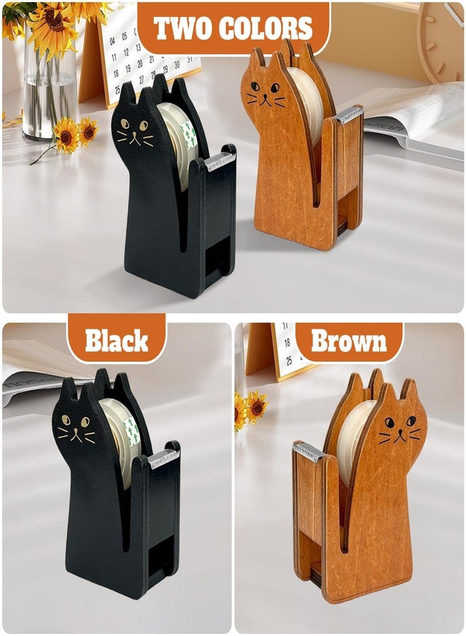 EQUNROY Wooden Tape Dispenser Desk - Cute Adorable Animal Design for Desk Organizing, 2-Pack Set Office & School Supplies (Black and Brown) (Cat) - Image 3