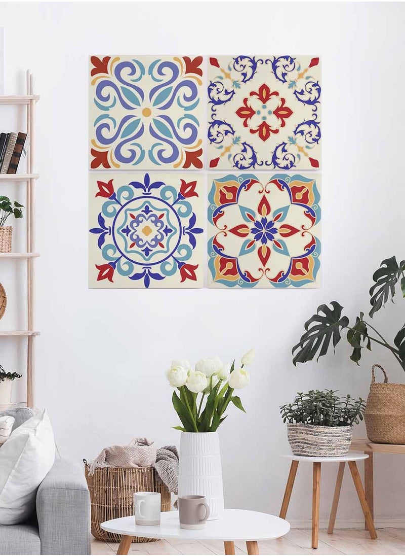 LOWHA Set Of 4 Framed Square Canvas Wall Arts Stretched Over Wooden Frame, Turkish Ceramic Tiles Painting, For Home, Living Room, Office Decor  - Image 1