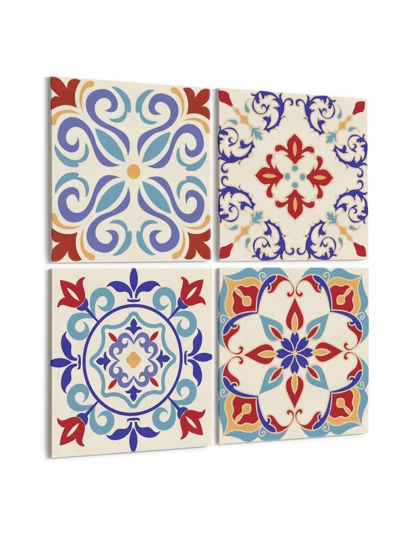 LOWHA Set Of 4 Framed Square Canvas Wall Arts Stretched Over Wooden Frame, Turkish Ceramic Tiles Painting, For Home, Living Room, Office Decor  - Image 4